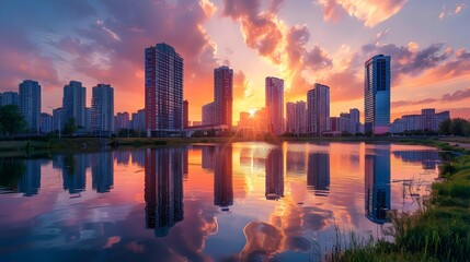 Fototapeta premium Dramatic Sunset Over Towering Cityscape with Stunning Reflections in River