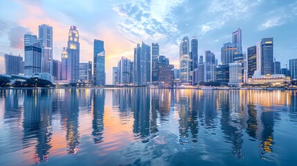 Panoramic Cityscape with Towering Skyscrapers Reflected in Tranquil Waterfront at Dawn