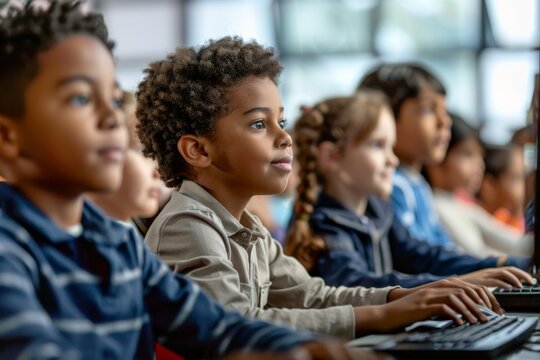 Diverse group of children sitting for learning computer at school classroom.