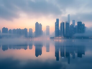 Misty Dawn Cityscape with Serene River Reflection