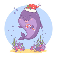 Cute Christmas dolphin in Santa hat with striped caramel stick. Underwater world and holiday cartoon kawaii character animal. Vector illustration. Kids collection.