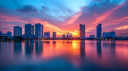 Vibrant Cityscape at Sunset with Tall Buildings and Reflections in the River