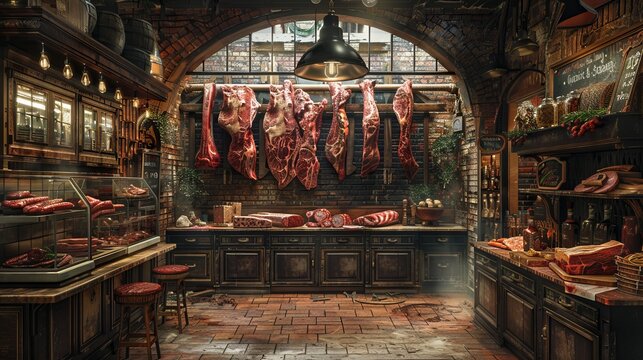 Beef hanging in the butcher shop ready for sale.