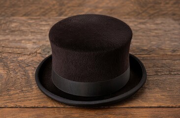 black bowler hat on wooden table