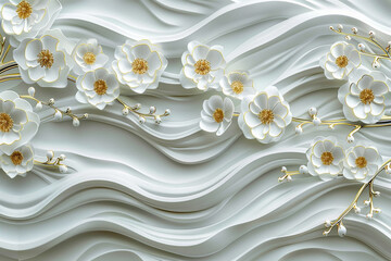 Traditional Japanese pattern of volumetric waves, white floral ornament Artificial Intelligence Generated