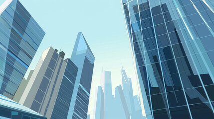 Obraz premium A futuristic skyscraper with a sleek, reflective glass facade rising against a clear blue sky, showcasing modern urban architecture and advanced design