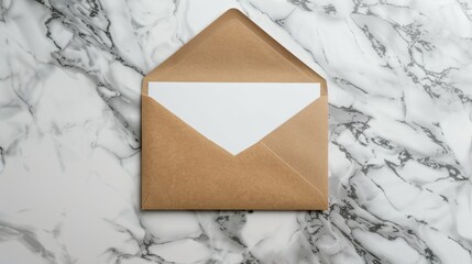 Photograph of a brown envelope and white horizontal blank cardstock on a white and gray marble tabletop. Top view.