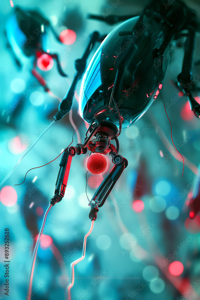Poster a close-up view of a single nanorobot navigating through human tissue, showcasing its intricate desi