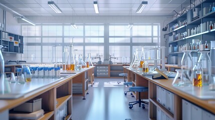 Chemistry experiment room, test tubes with liquids on tables; chemistry teaching lab; science.