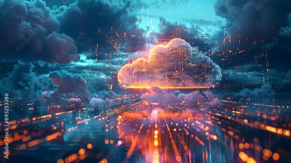 Poster vibrant and dynamic cloud computing concept for entertainment virtual production and real time