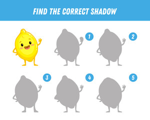 Find correct shadow of lemon. Educational logical game for children. funny Fruit. Cartoon lemon character.