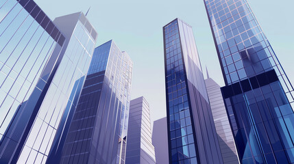 Obraz premium A futuristic skyscraper with a sleek, reflective glass facade rising against a clear blue sky, showcasing modern urban architecture and advanced design