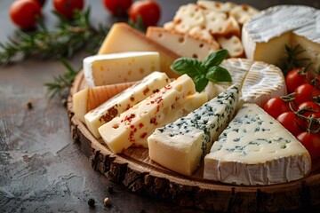 Assorted Gourmet Cheeses on Rustic Wooden Board for Parties, Events, and Culinary Presentations