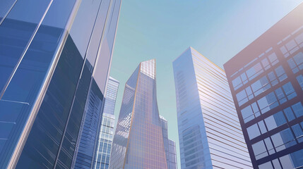 A futuristic skyscraper with a sleek, reflective glass facade rising against a clear blue sky, showcasing modern urban architecture and advanced design