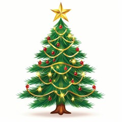 Fototapeta premium The joyous Christmas tree, adorned with a golden star, twinkling lights, and red ornaments, represents the festive holiday spirit, spreading happiness and celebrating the season all around