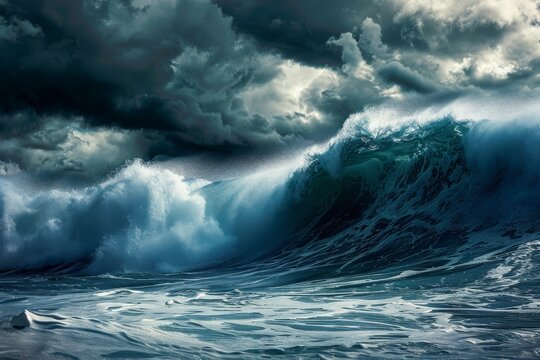 Giant tsunami waves, dark stormy sky. Perfect Storm. Huge waves Tsunami Big waves. 