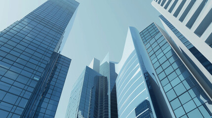 Obraz premium A futuristic skyscraper with a sleek, reflective glass facade rising against a clear blue sky, showcasing modern urban architecture and advanced design