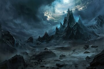 Dark Fantasy Landscape with Towering Mountain Peaks