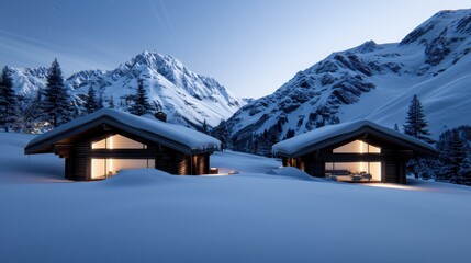 Fototapeta premium Cozy mountain cabins in snowy winter landscape