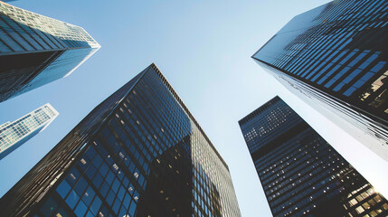 Obraz premium A futuristic skyscraper with a sleek, reflective glass facade rising against a clear blue sky, showcasing modern urban architecture and advanced design