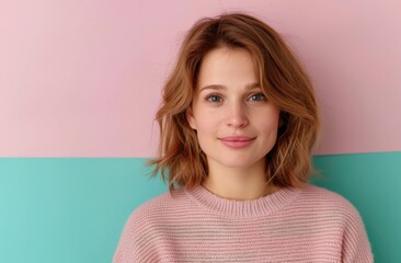 young woman with wavy hair posing against pink and turquoise background