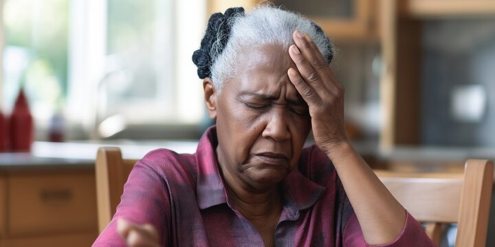 Elderly woman with a migraine, sitting at home, looking stressed and worried, suffering from pain.
