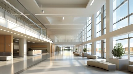 High ceiling lobby in a school featuring sleek, minimalist d?(C)cor and natural light