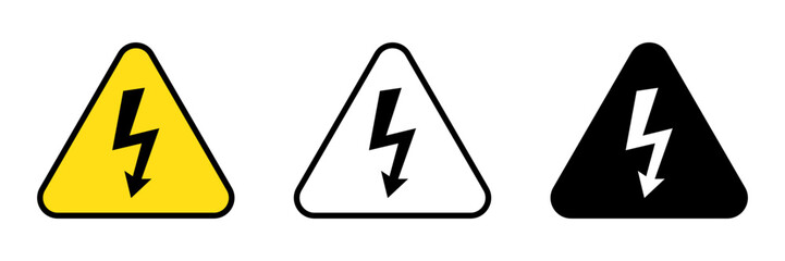 High voltage sign and icon. Warning electricity symbol. Alert, hazard and danger, caution electrical icon. Triangle with lightning sign.