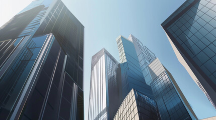 A futuristic skyscraper with a sleek, reflective glass facade rising against a clear blue sky, showcasing modern urban architecture and advanced design