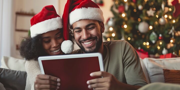 A festive couple enjoying the holiday season at home, surrounded by decorations and using a digital tablet together with joy.