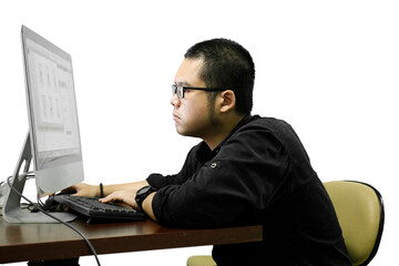 an Asian man wearing glasses is seriously working using a computer on a white background