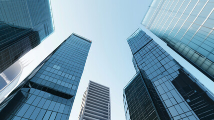 A futuristic skyscraper with a sleek, reflective glass facade rising against a clear blue sky, showcasing modern urban architecture and advanced design