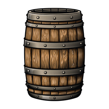 recommend clip art: Beverage barrel. Vector illustration in engraving technique of wooden old alcohol cask.