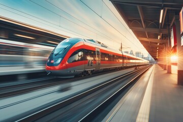 Obraz premium High speed train in motion on the railway station at sunset. Fast moving modern passenger train on railway platform. Railroad with motion blur effect. Commercial transportation. Blurred background