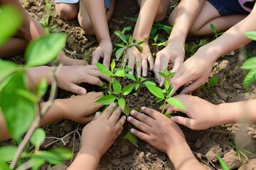 Collaborative Hands Nurturing New Life, a diverse group united in planting a young sapling, embodying teamwork and commitment to fostering green growth for the future.