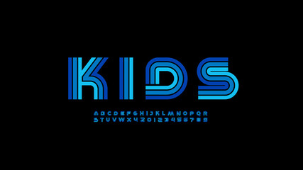 Modern stylized striped font, alphabet made linear style, graphic kids uppercase letters and numerals, vector illustration 10EPS
