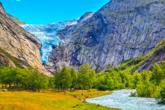 Briksdal glacier, waterfall in Norway