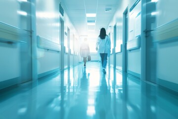 Obraz premium Interior of doctor and patient people in hospital corridor for background, Health care and medical technology concept. Motion blur effect.