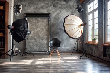 Interior of modern photo studio with chair and professional equipment 
