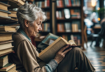 An elderly woman is sitting in a used bookstore reading a book passionately. There are many stacks of books around her
