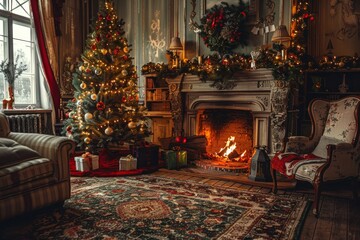 Living room home interior with decorated fireplace and christmas tree, vintage style. Christmas Holidays. Christmas Card. 