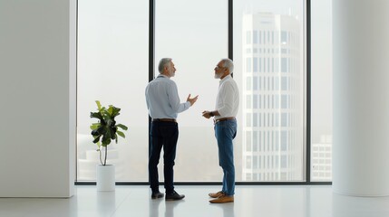 Fototapeta premium Two business professionals having a casual conversation in a modern office space. They are dressed in business casual attire and are standing in front of a large window.