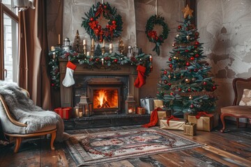 Living room home interior with decorated fireplace and christmas tree, vintage style. Christmas Holidays. Christmas Card. 