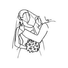 groom lifts the bride's veil - hand drawn outline drawing