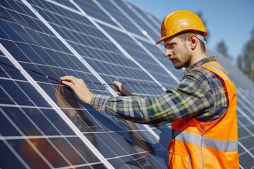 Male engineer worker examining or installing solar panels system outdoors 