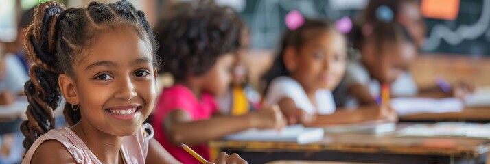 A diverse group of happy school children learning in a classroom, promoting inclusivity, education success, and joyful study. The setting encourages focus, engagement, and collaboration