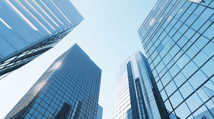 Fototapeta premium A futuristic skyscraper with a sleek, reflective glass facade rising against a clear blue sky, showcasing modern urban architecture and advanced design