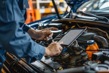 Obraz premium Mechanic inspects the car engine with a tablet computer. 