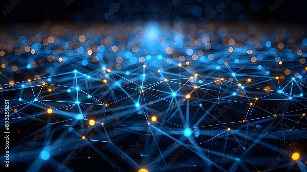 Poster futuristic digital network visualization with interconnected nodes and glowing lines
