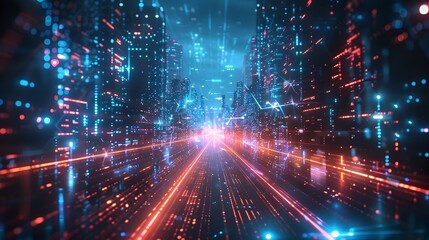 Obraz premium Futuristic Neon City with Augmented Reality Ads Vibrant Cyber Background Concept
